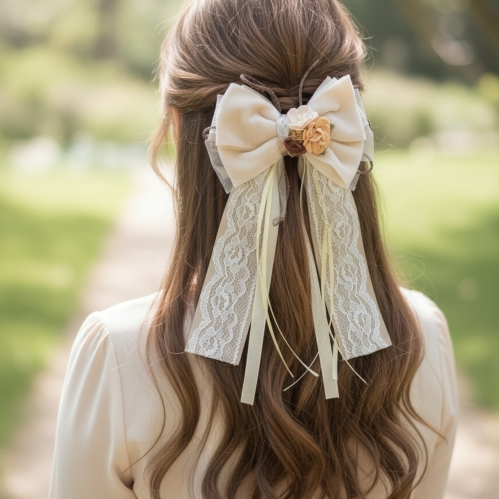 Chic Cream Lace Hair Bow with Floral Accents🎀